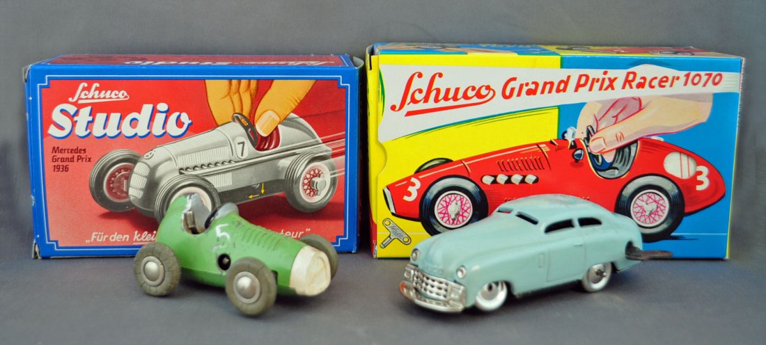 4 Schuco Windup Racecars: 4 Schuco Windup Racecars Includes one Micro Racer 1042 from West Germany, one Mirakocar 1001 from US Zone Germany, one Studio 1050 Mercedes Grand Prix 1936 "7", and one Shuco Grand Prix Ferrari Racer