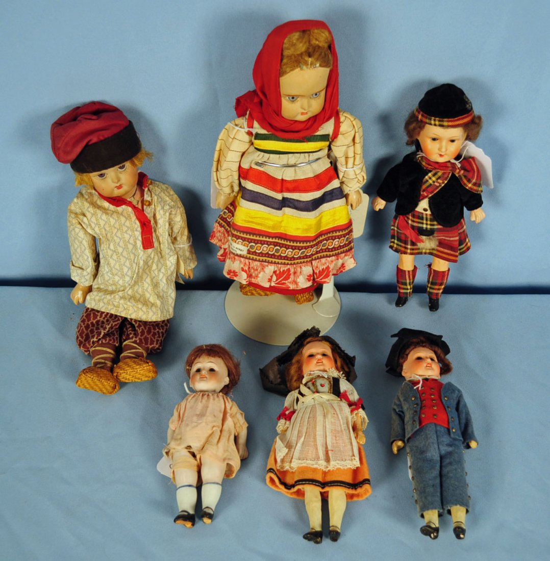 Group of 6 Bisque Head Dolls: Group of 6 Bisque Head Dolls Includes: 12" Soviet Union bisque head doll with jointed bisque body/arms/legs, blue sleep eyes, and open mouth. 11" bisque head doll with jointed bisque body and limbs, o