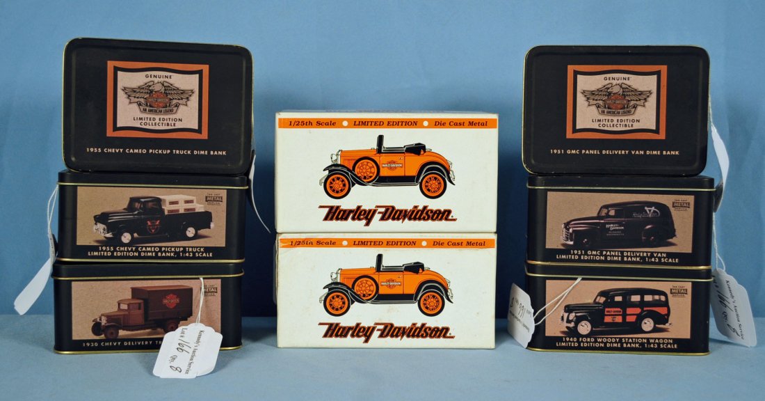 8 Harley Davidson Limited Edition Car Banks: 8 Harley Davidson Limited Edition Car Banks Includes: Two 1929 Model A Roadster die-cast collectible coin banks, Two 1955 Chevy Cameo dime banks coin banks in tin boxes, Two 1951 GMC Panel Van dime ba