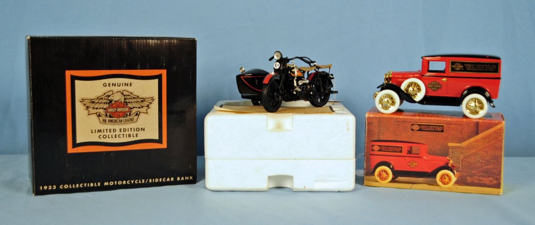 3 Harley Davidson Limited Edition Coin Banks: 3 Harley Davidson Limited Edition Coin Banks Includes: Two 1933 Harley Collectible Motorcycle/Sidecar Banks. One 1931 Panel Delivery Bank. Condition - all in new condition. One 1933 Motorcycle missing