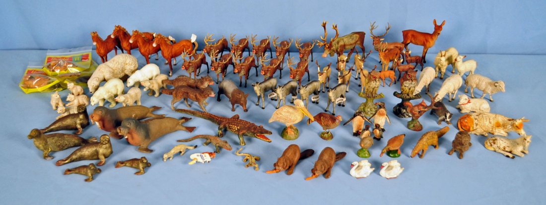 Lot of Approx. 90 Elastolin & Britains Animals: Lot of Approx. 90 Elastolin & Britains Animals Old style Elastolins believed circa early 20th century include caribou, swans, sheep, horses, cows, penguins, sea lions, polar bears, turkey, pelican, do