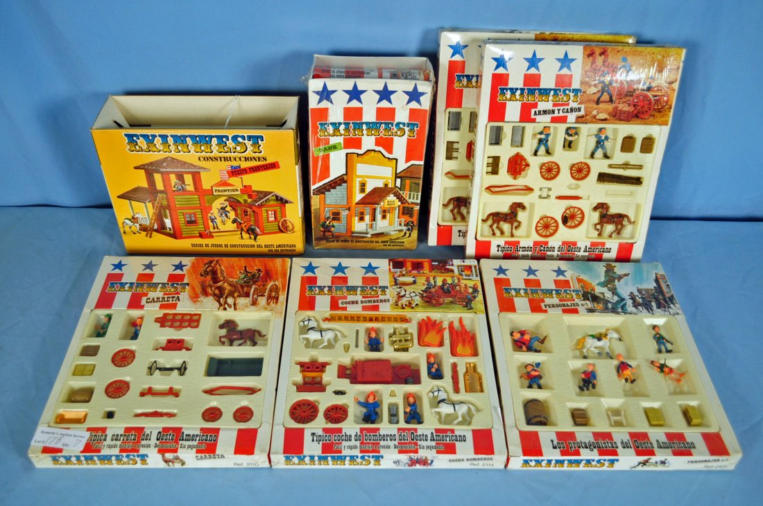 7 Exinwest Western Themed Toy Sets: 7 Exinwest Western Themed Toy Sets Includes: Old West Bank. Costrucciones Puesto Fronterizo (Old Western house with figures and horses). Coche Bomberos (Horsedrawn fire engine with firemen). Tippica C