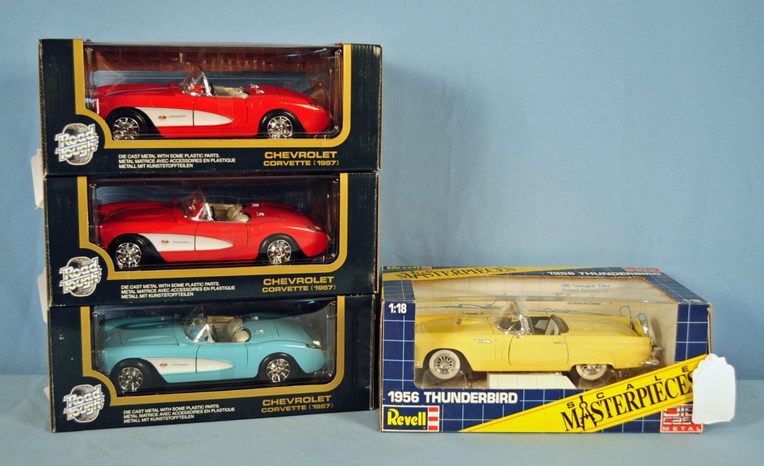 Four 1950's Die-Cast Cars: Four 1950's Die-Cast Cars Includes: Three Road Tough 1957 Chevrolet Corvettes, one blue and two red. One Revell Scale Masterpieces 1956 Thunderbird, yellow. Condition - all new in box. Boxes have some