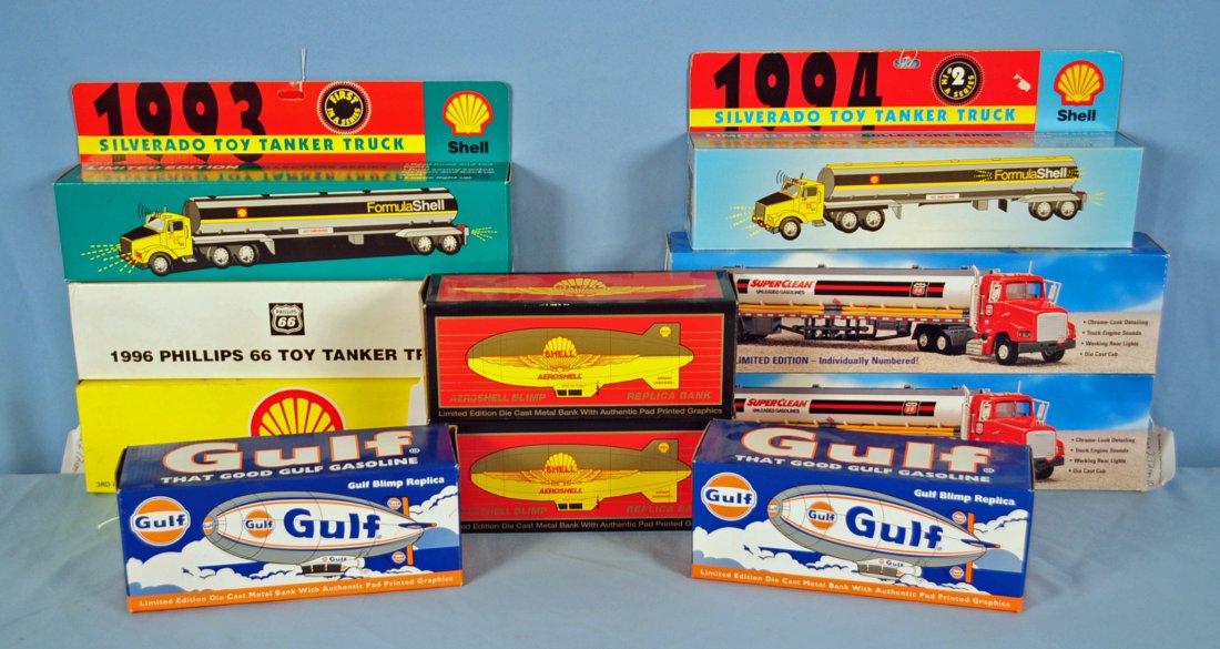 Ten Oil Co. Trucks & Blimp Banks, Gulf, Shell Etc.: Ten Oil Co. Trucks & Blimp Banks, Gulf, Shell, Phillips 66. Three Phillips 66 Toy Tanker Trucks 1996 & 1999. Three Shell Toy Tanker Trucks 1993, 1994 and 1998. Two Gulf limited edition Die Cast Blimp
