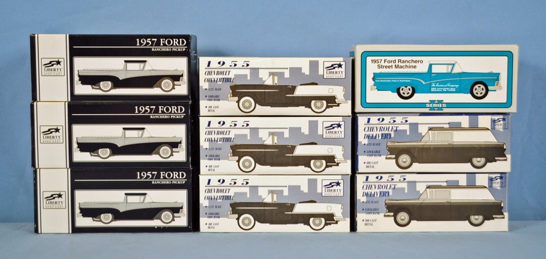 5 Die Cast 1955 Chevys Banks & 4 Fords: Five Liberty 1955 Chevrolet Die Cast 1/25th Scale Coin Banks - Three convertibles and Two Sedan Delivery Banks. Three Liberty Die Cast 1957 Ranchero Pickup Banks and One 1957 Ranchero Pickup Bank by E