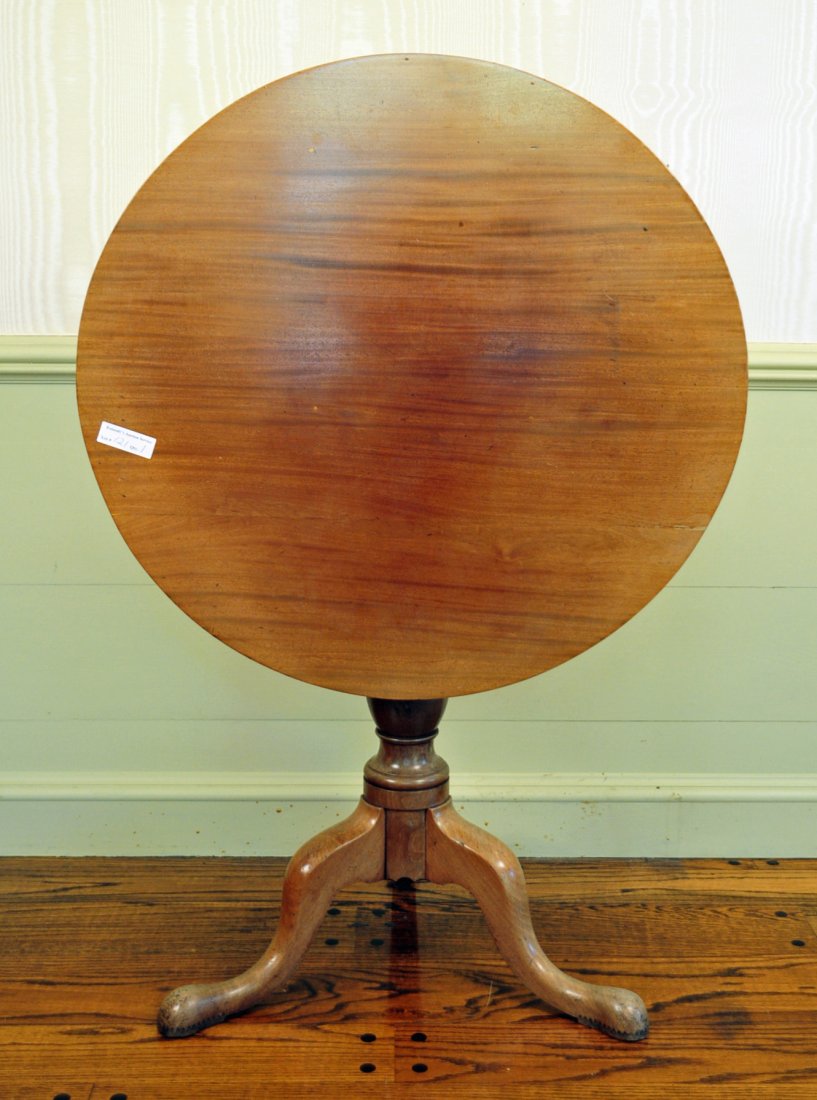 Mahogany Queen Anne Tilt Top Tea Table Circa 1780: Mahogany Queen Anne Tilt Top Tea Table Circa 1780 . 28.5" high (top closed) X 31" dia. Condition good with old bleached finish.