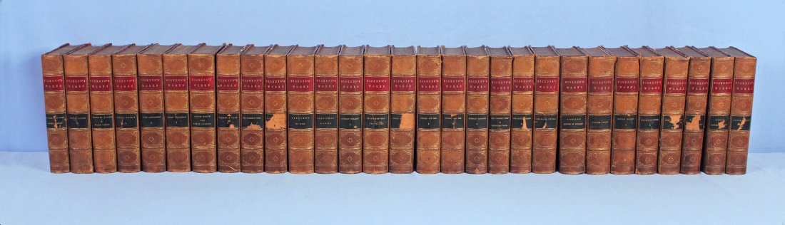 29 Half Leather Volumes by Charles Dickens 1871: A collection of 29 volumes by Charles Dickens, Published in Boston, MA, 1871 by the James R. Osgood & Company . Books are half-leather bound with marbled paper on the balance of the cover in a nonpare