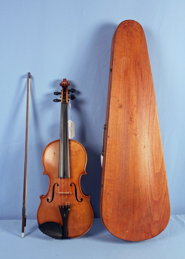 Maple German Violin w/ Spruce Top: Maple German full size violin with a spruce top. Has a "Made in Germany" label with the numbers 410-9976 inside the body and one fine tuner on the E string. - Condition: Violin has a few nicks, but in