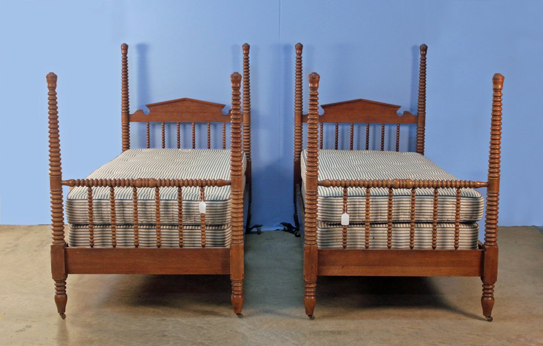 Pair of Mahogany Spool-Turn Four-Post Twin Beds: Pair of Mahogany twin beds with four, spool-turned posts. Dimensions are approx. 43"W x 55.5"H. - Condition: Overall in good condition. Sun fading to old finish.