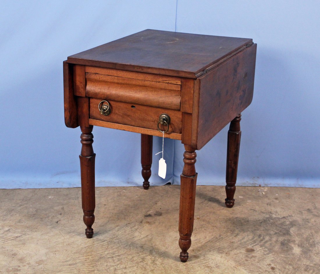Empire Walnut 2-Drawer Drop-Leaf Work Table: Empire walnut two-drawer, drop-leaf work table c. 1840. Dimensions are approx. 38"W x 25"Deep x 28.75"H. - Condition: In good condition. Could require polish and wax.