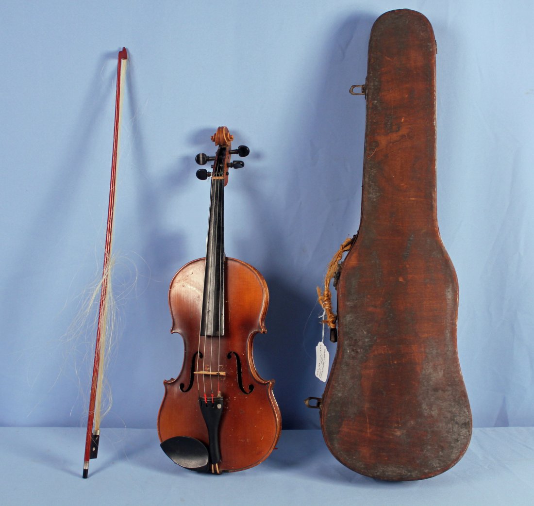 German Copy of Stradivarius Full Size 1721 Violin: German Copy of an Antonius Stradivarius full size violin from 1721. In antique wooden case with bow. - Condition: Violin has moderate scratches and finish loss. Case is in poor condition, missing orig