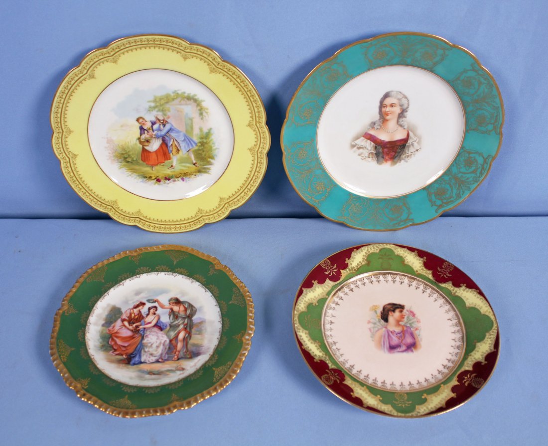 4 French and Austrian Cabinet Plates Incl. Sevres: Four French and Austrian Cabinet Plates. Sevres 9.5" marked 1848 - Chateau St. Cloud with yellow band and courting scene. Unknown Mark 9.75" Plate after Pierre Mignard with green band, Two Vienna Crow