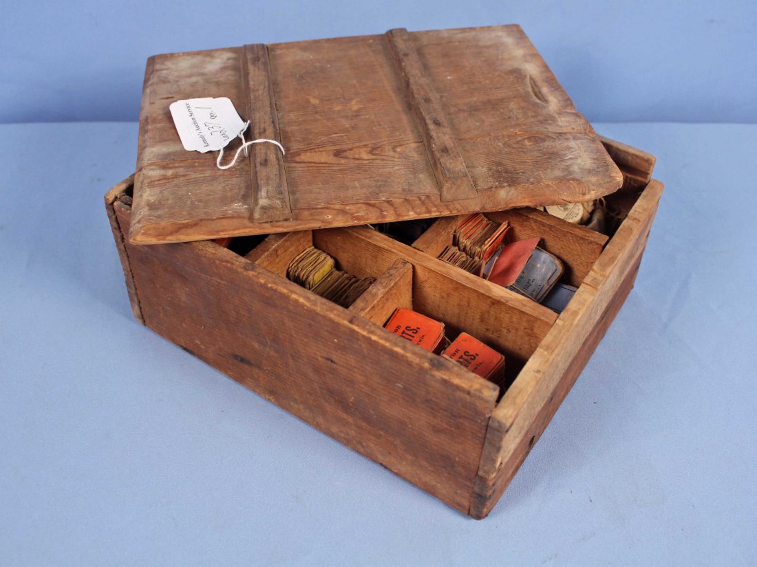 C. 1900 - Election Whiskey Payoff System?: Circa 1900 - Country Store Crate. Retrofitted with dividers and sliding lid and filled with coupons of several quart dominations for what we belief to be election payoffs in whiskey.