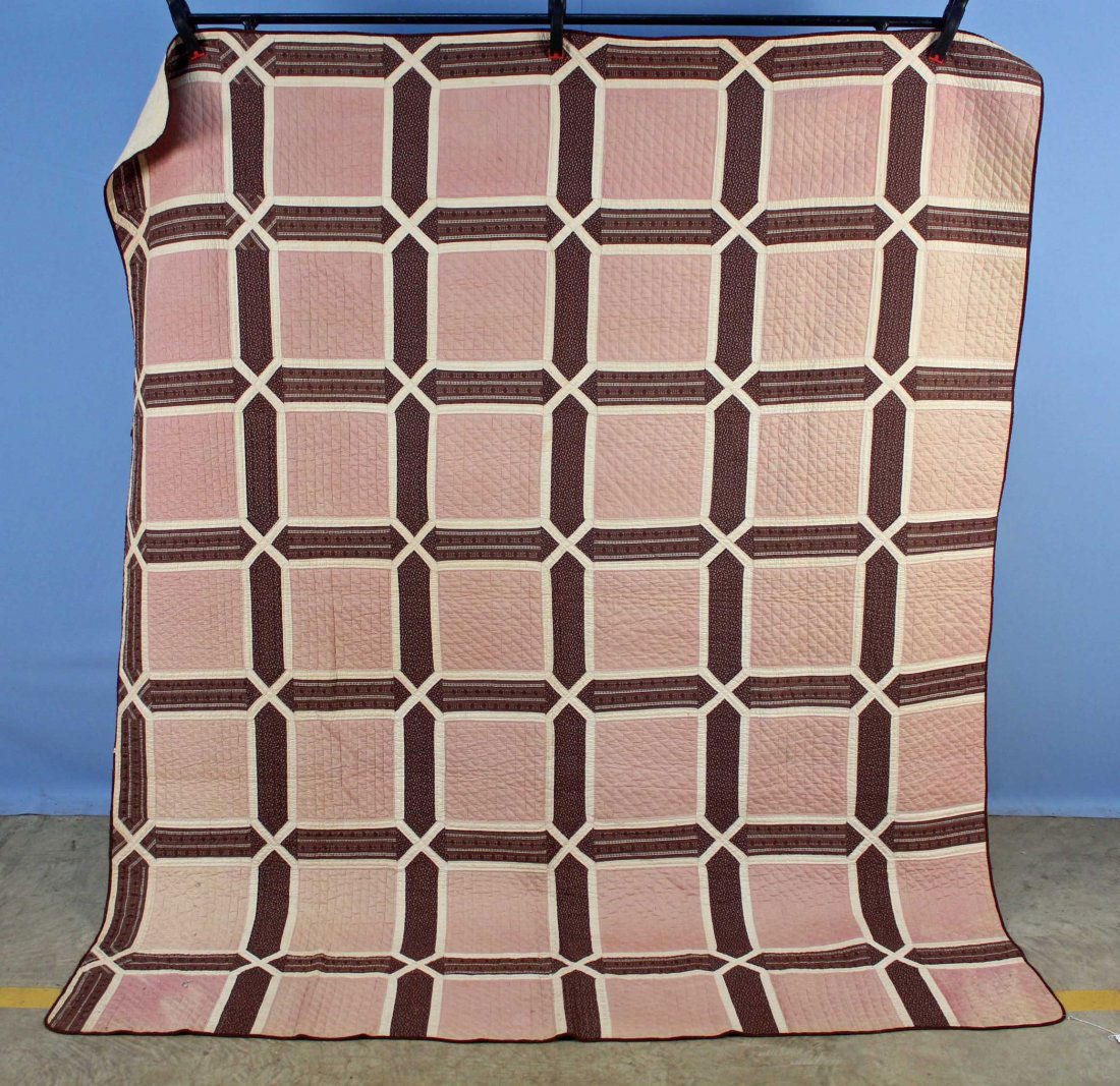 Large Circa 1890 Pieced Pink & Brown Quilt (1 of 4)
