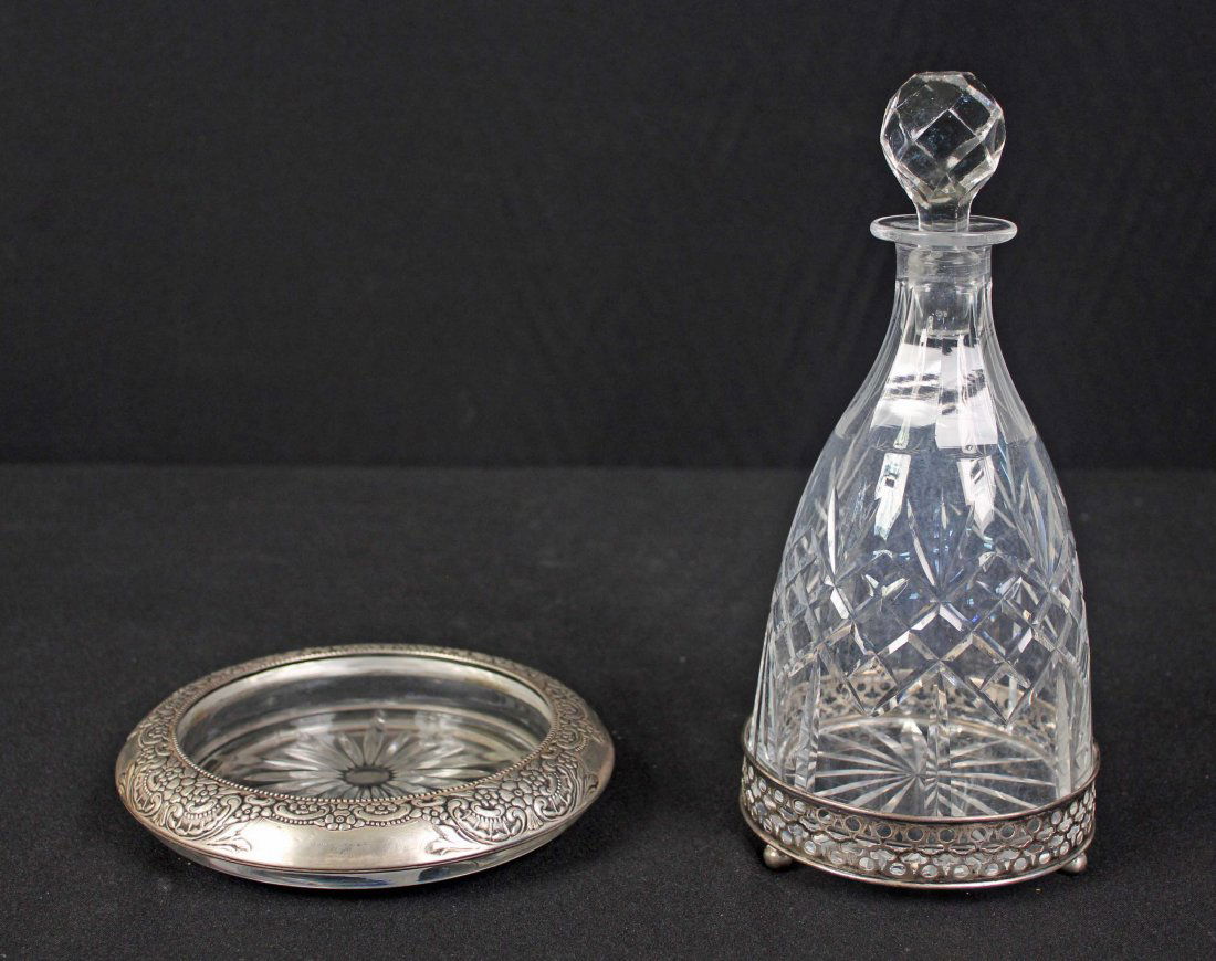 Crystal Decanter & Champagne Coaster w/ Sterling (1 of 6)