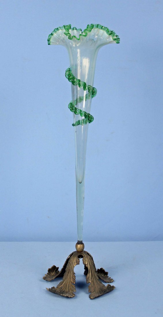 Green Opalescent & Clear Epergne Trumpet Vase: Victorian Green Opalescent & Clear Epergne Trumpet Vase. Measures 22" H. X 6.5" Dia. at Base. Condition: Good Condition with no cracks, chips or damage.