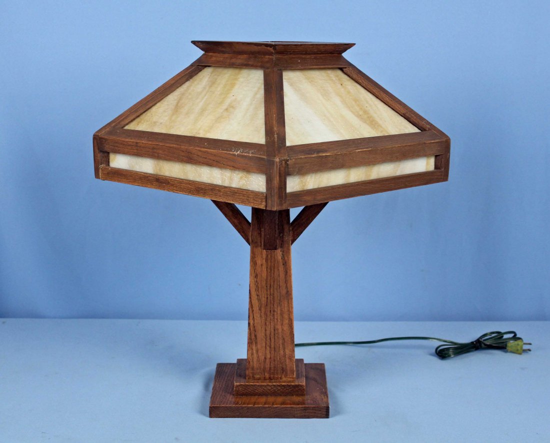 Mission Style Oak & Slag Glass Table Lamp (1 of 2)