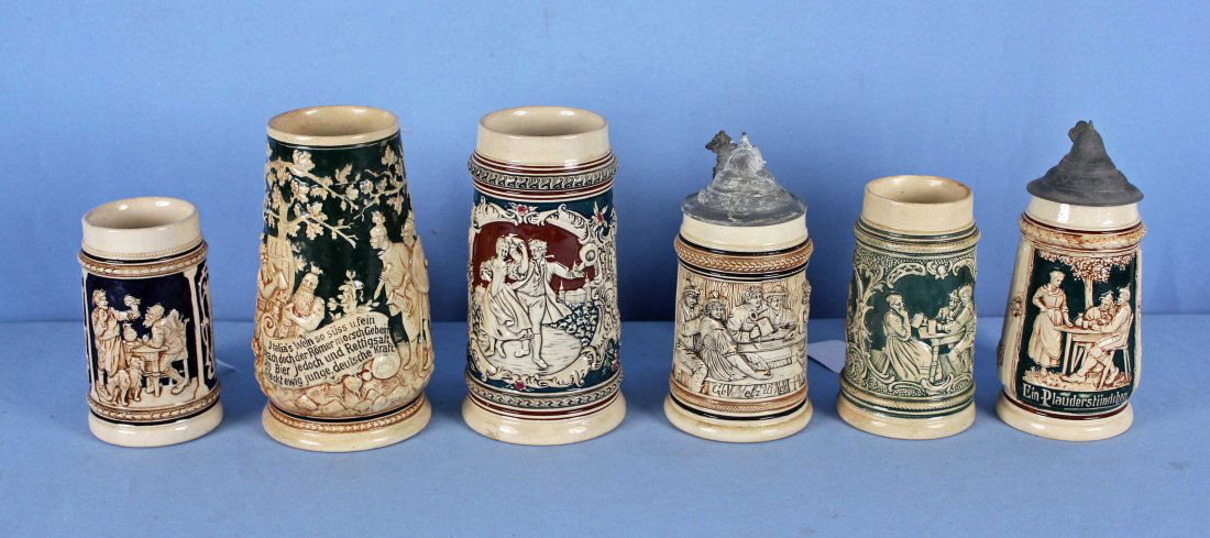 Six German Beer Steins 4 Half Liter & 2 One Liter (1 of 2)