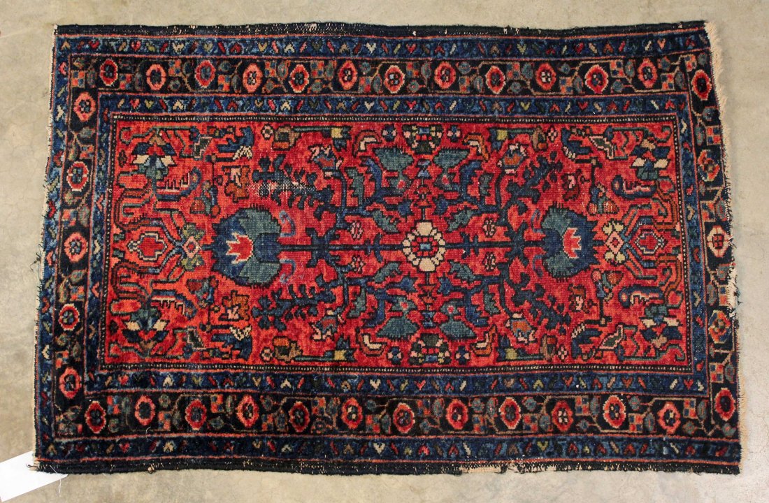 Antique Persian Prayer Rug, 30" X 44.5": Antique Persian Prayer Rug, red and blue in color, 30" X 44.5" Condition: Overall losses and wear (See Photo's).