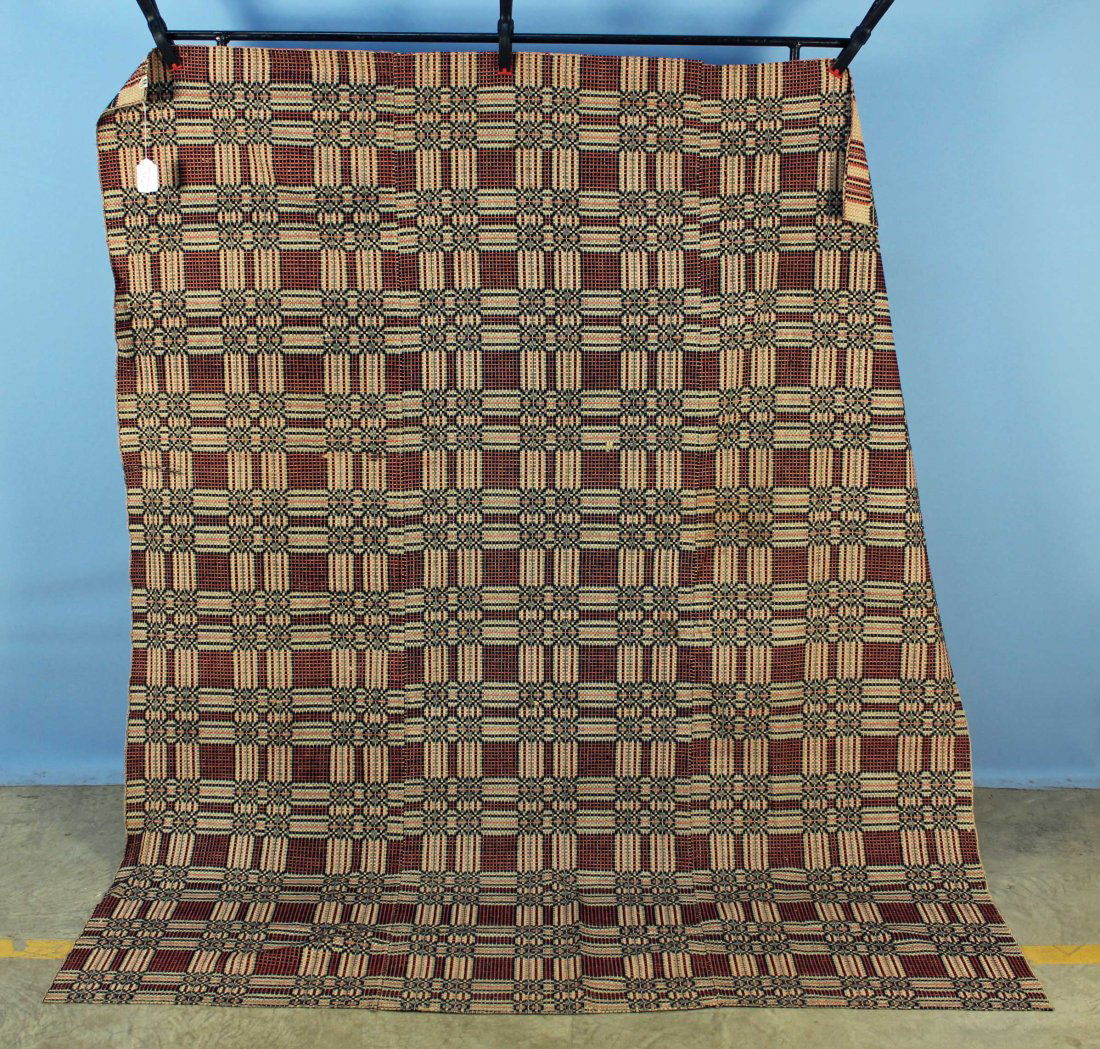 3 Panel Overshot Coverlet, 6`.6" X 7`10" Red, Blue (1 of 2)