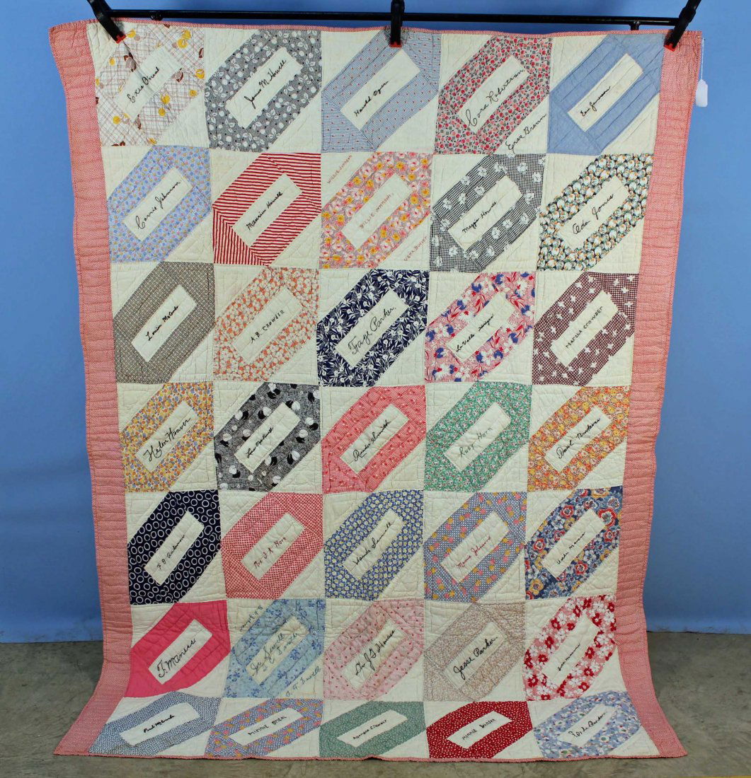1940 Chester County, Tennessee, Friendship Quilt: Circa 1940 Chester County, Henderson, Sweet Lips, Enville Tennessee, Friendship Quilt. Most of the names are correct, some are hard to read and may be incorrect. Measures 64" X 87". Minnie O`Neil, Geo