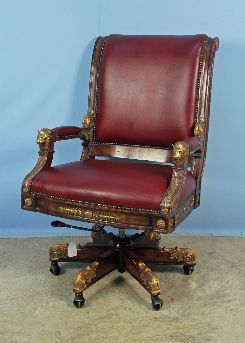Maitland Smith French Empire Style Office Chair: Maitland Smith French Empire Style Leather Executive Office Chair. Walnut finish frame, dark red wine leather cover, acanthus scroll feet and lion mask arm caps. 45" High, X 30" Wide X 32" Deep. Condi