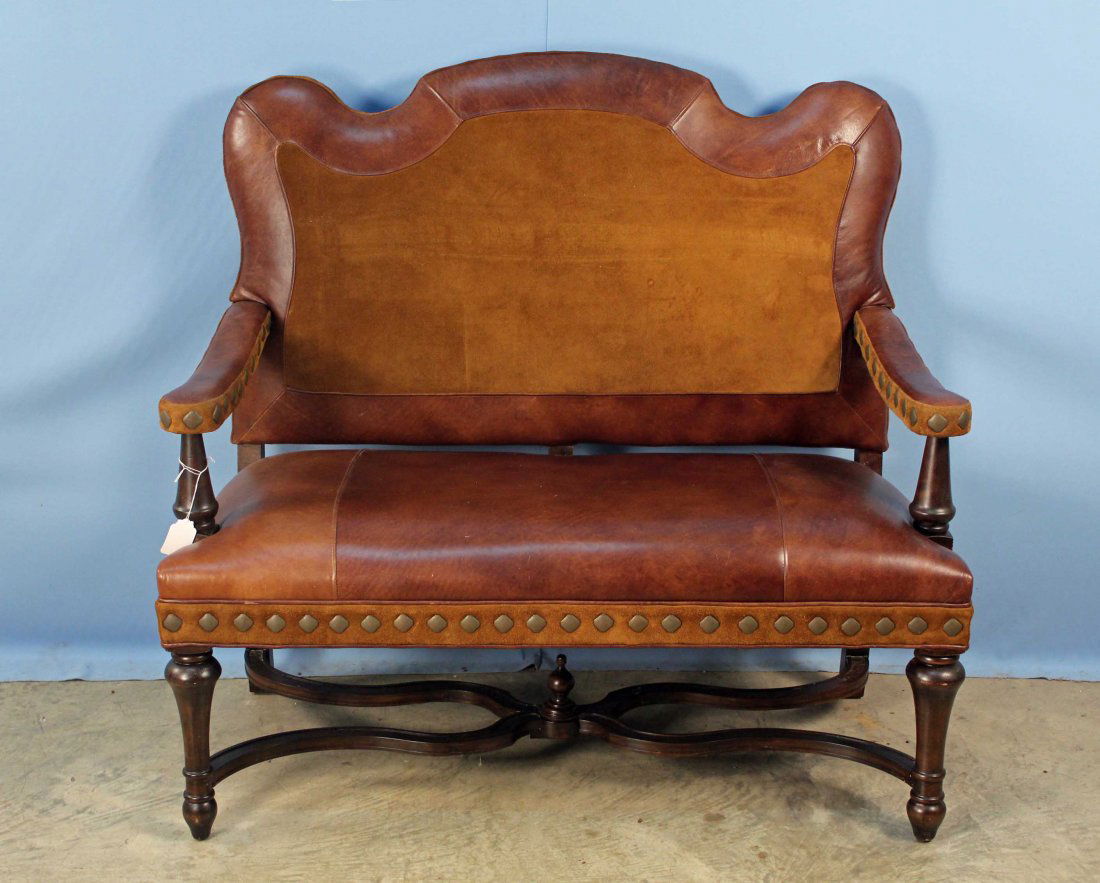 Old World Style Leather Settee w/ Walnut Finish (1 of 6)