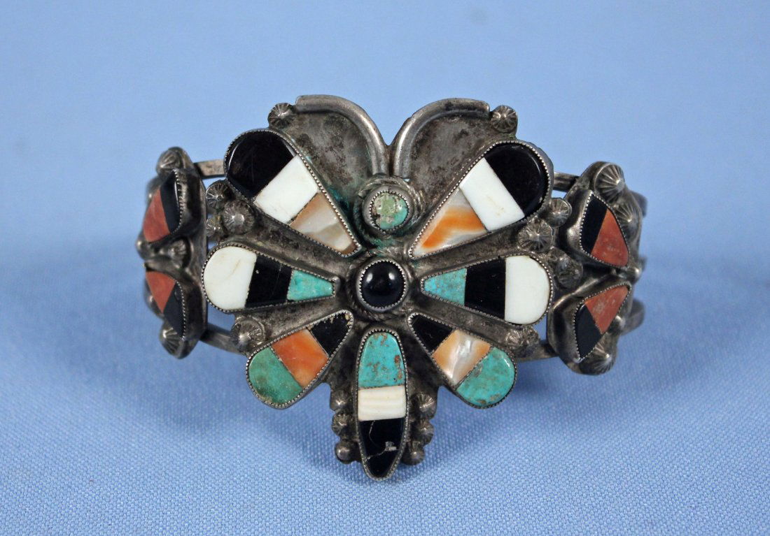 Zuni Silver, Coral, Turquoise & Onyx Cuff Bracelet (1 of 6)