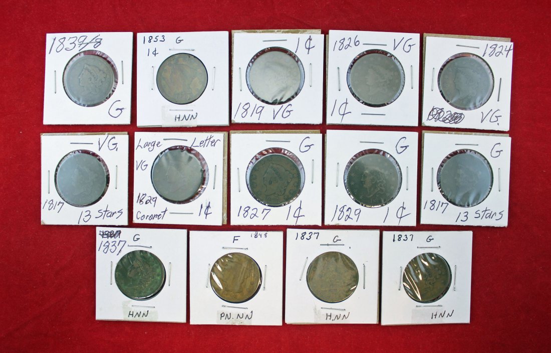 14 Mixed Braided Hair & Coronet Large Cents: 14 Mixed Braided Hair & Coronet Large Cents . 2 - 1817, 1 - 1819, 1 - 1824, 1 - 1826, 1 - 1827, 2 - 1829, 3 -1837, 1 - 1839/8, 1 - 1848 & 1 - 1853. Condition: See Photos. Credit Cards will not be acce