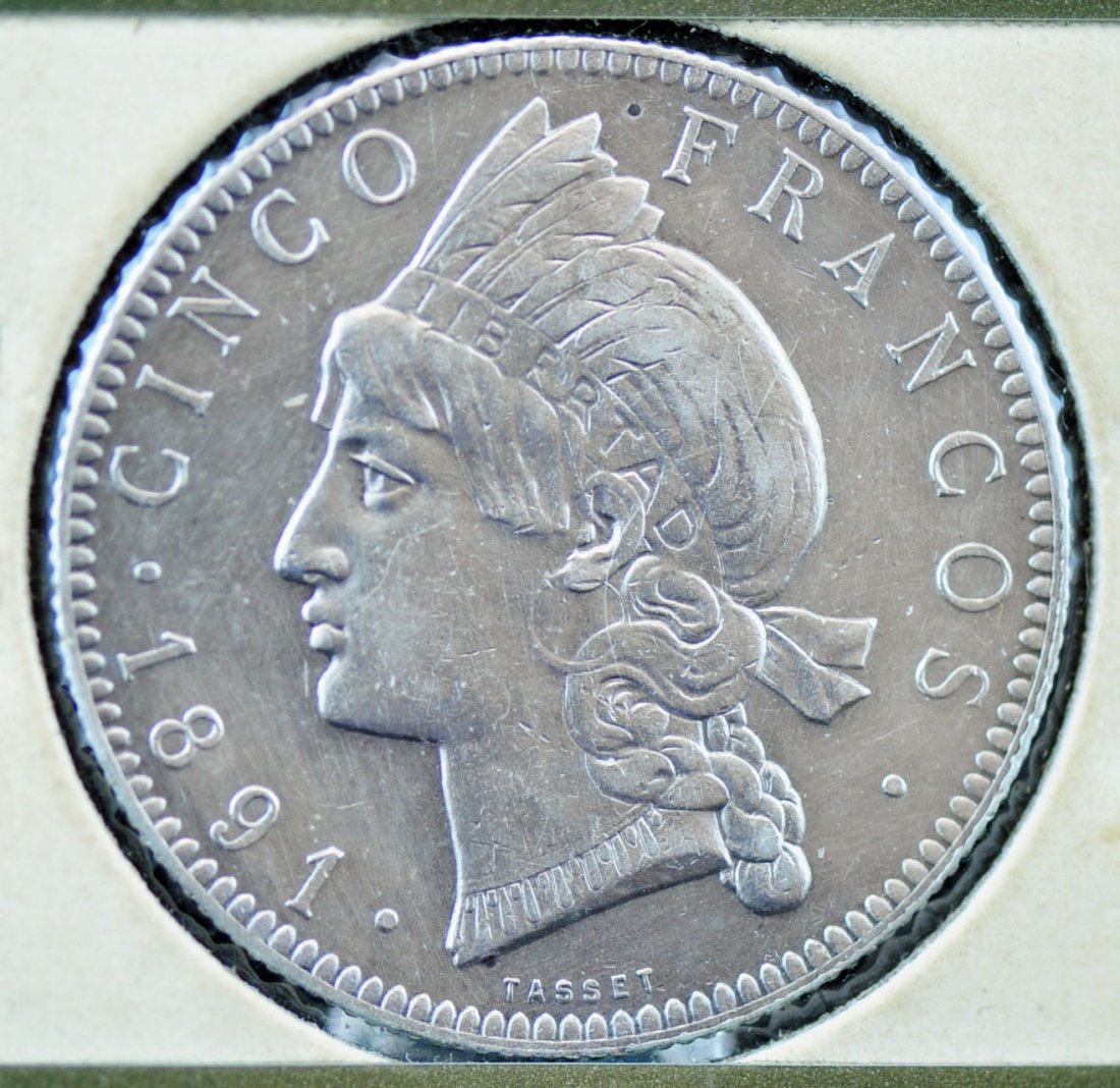 1891-A Dominican Republic Silver 5 Francos: 1891-A Dominican Republic Silver 5 Francos, .900 Fine Silver. Condition: We believe the coin to be in AU condition (See Photo's). Credit Cards will not be accepted as payment for this auction (See Ter