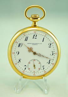 Patek Philippe 18k Yellow Gold Pocket Watch: Patek Philippe & Co., Geneva, 18k Yellow Gold Open Face Pocket Watch, Serial #139781. Pat. Jan. 13 1891. Case Measures 47 mm. Diameter and is Marked #248865. Inner Dust Cover & Works Marked by Retaile