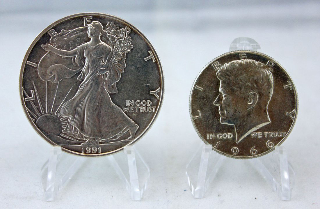 1991 Silver Eagle Dollar & 1966 Kennedy Clad Half (1 of 2)