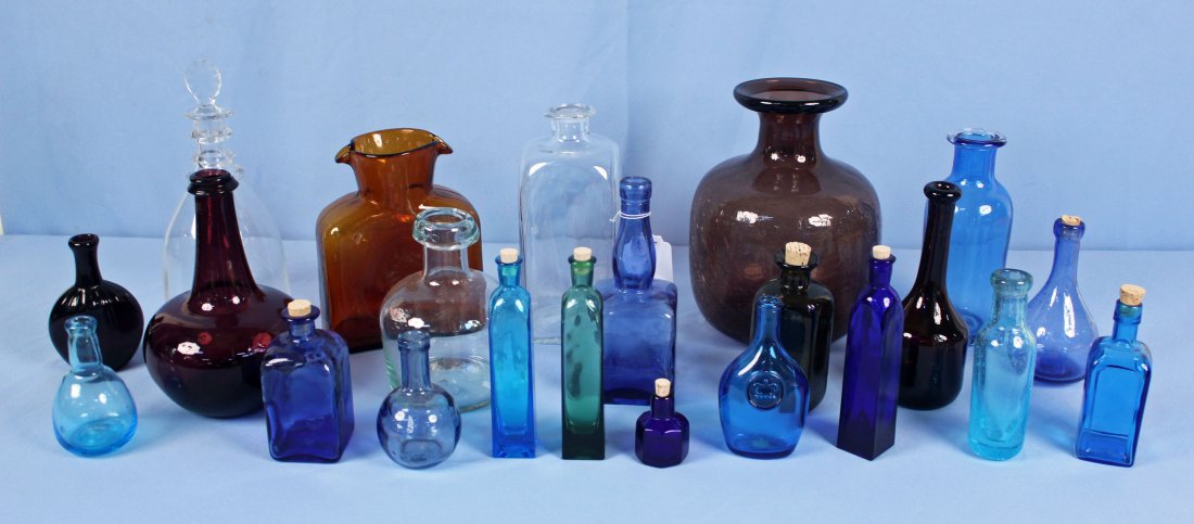 Large group of 20th Century Bottles: Box of assorted Glass with: Blenko Amberina Decanter 8" tall; large amethyst Blenko crackle vase 12" tall. Box is filled with hand blown 20th century copy of early American bottles. Most bottles in th
