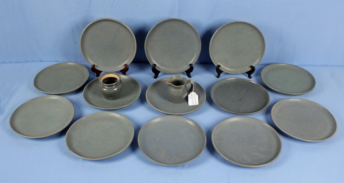 40 Pcs. Blue Stoneware Dish Set Marked LP: 40 Pieces of 20th Century Blue Stoneware Dish Set Marked LP. Color varies from piece to piece as a blue-gray-green type color. (13) LP Stoneware plates, measuring approx.. 10.25" dia. (7) LP Stoneware