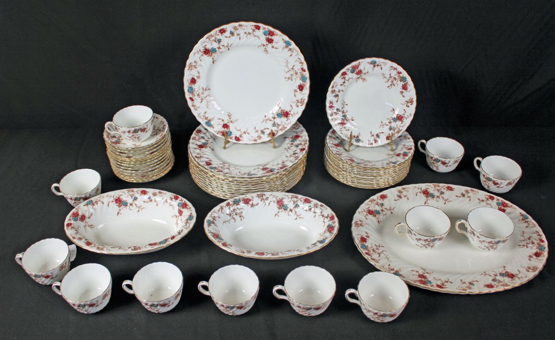 12 Place Setting of Minton Ancestral Pattern Set: 12 Place Setting of Minton English Bone China Ancestral Pattern Dinner Service Set. Total of 51 pieces. (12) Bread plates, 8" dia; (12) Dinner plates, 10.5" dia; (12) Cups; (12) Saucers, 5.5" dia; (2)