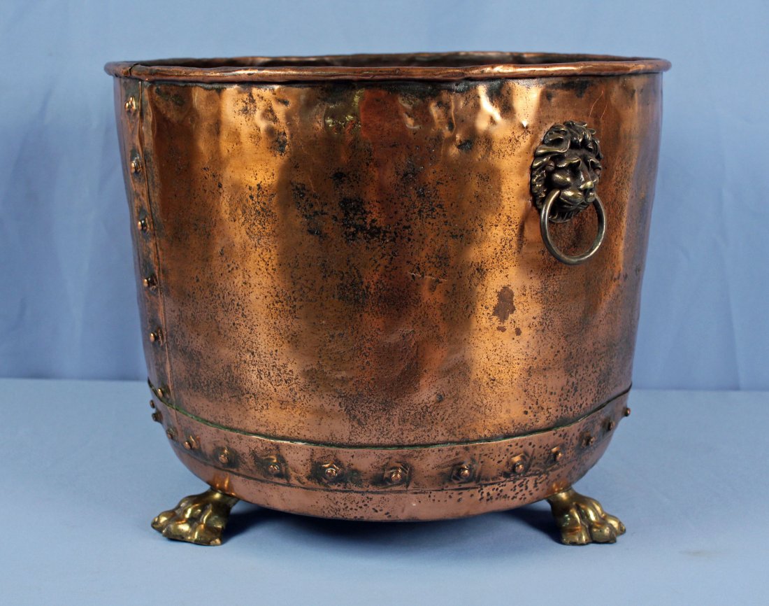 Copper & Brass Riveted 19th C. Fireplace Pot: Copper & Brass Riveted 19th C. Fireplace Pot with Claw Feet Measures 15" high X18.5" dia.