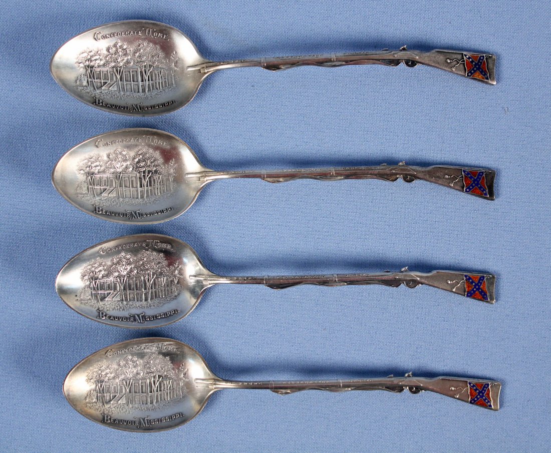 4 Sterling Beauvoir Confederate Souvenir Spoons: Four unique Unite Confederate Veteran, UCV Sterling silver rifle handled souvenir spoons designed by Lucile Webb Banks and manufactured by Mermod & Jaccards. The bowl of the spoon is adorned in the im