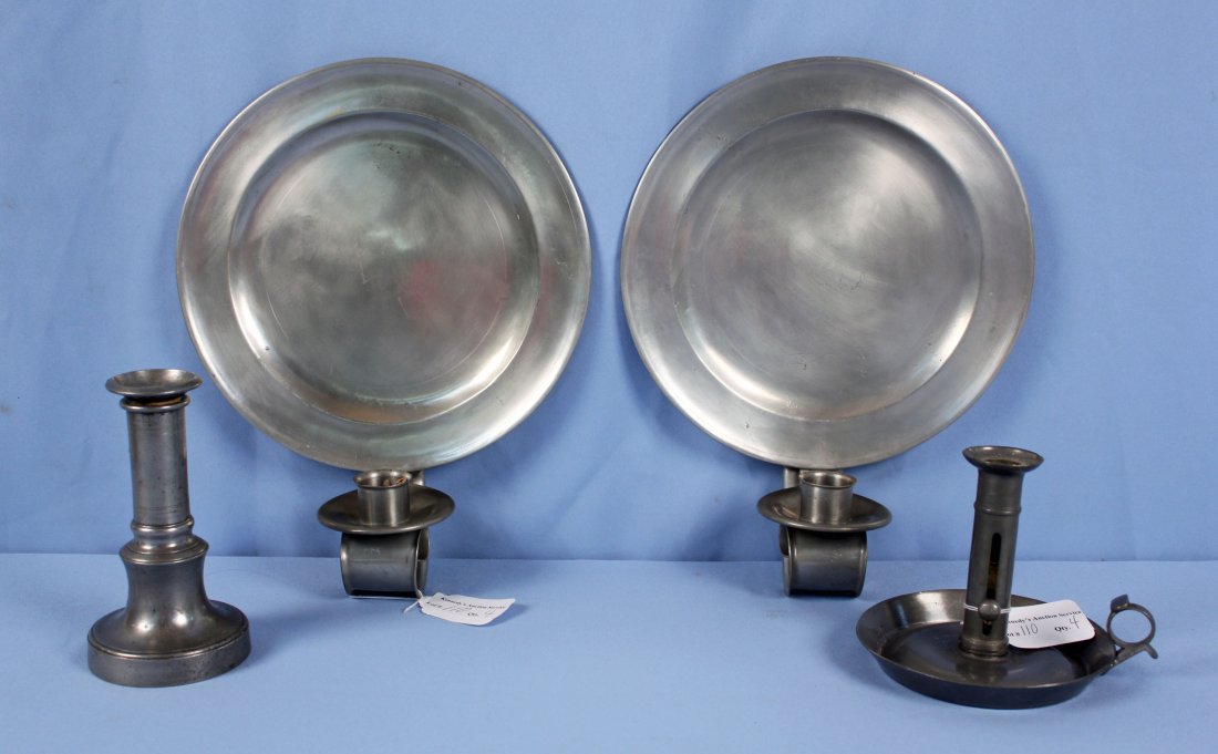 Pr. Pewter Candle Sconces & 2 Candlesticks: Pair of 12" Connecticut House Pewter wall sconces and two Pewter candlesticks. One candlestick is a pushup, measures 6". Other candlestick measures 7.5".