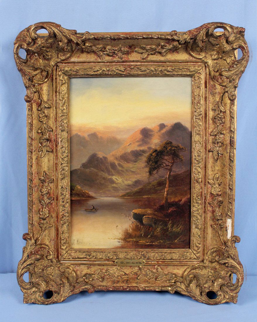 David Hicks 19th C. British Loch Scene O/C: David Hicks 19th Century British Loch scene oil on canvas painting. The scenic painting has mountains, loch, and a man in a small boat. Painting is framed in a French style antique gold leaf Gesso fra