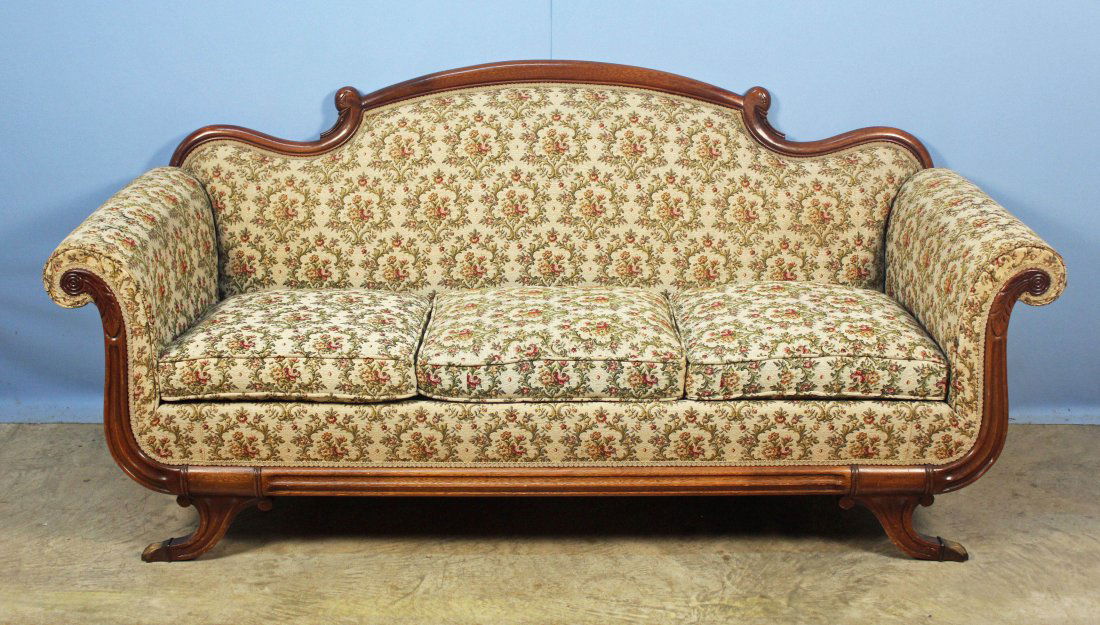 Duncan Phyfe Style Sofa, Claw Feet & Swan Heads: Duncan Phyfe Style Mahogany Sofa, Claw Feet & Swan Heads and Tapestry Cover Circa 1950. measures 35" high x 76" x 29".