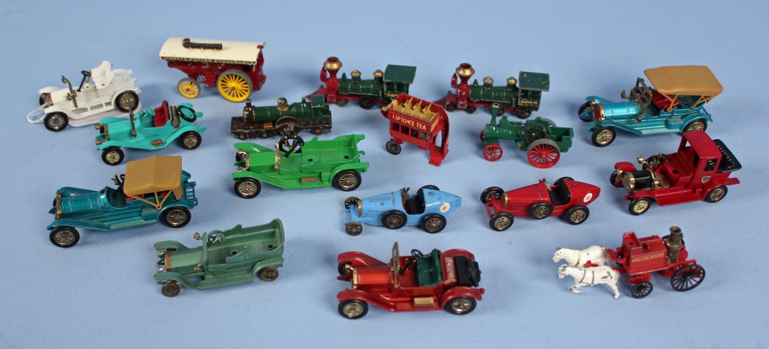 17 Lesney Toy Vehicles: Seventeen Lesney made in England toy vehicles. Including cars, race cars, trains, tractor, etc. Most are Matchbox models of Yesteryear.