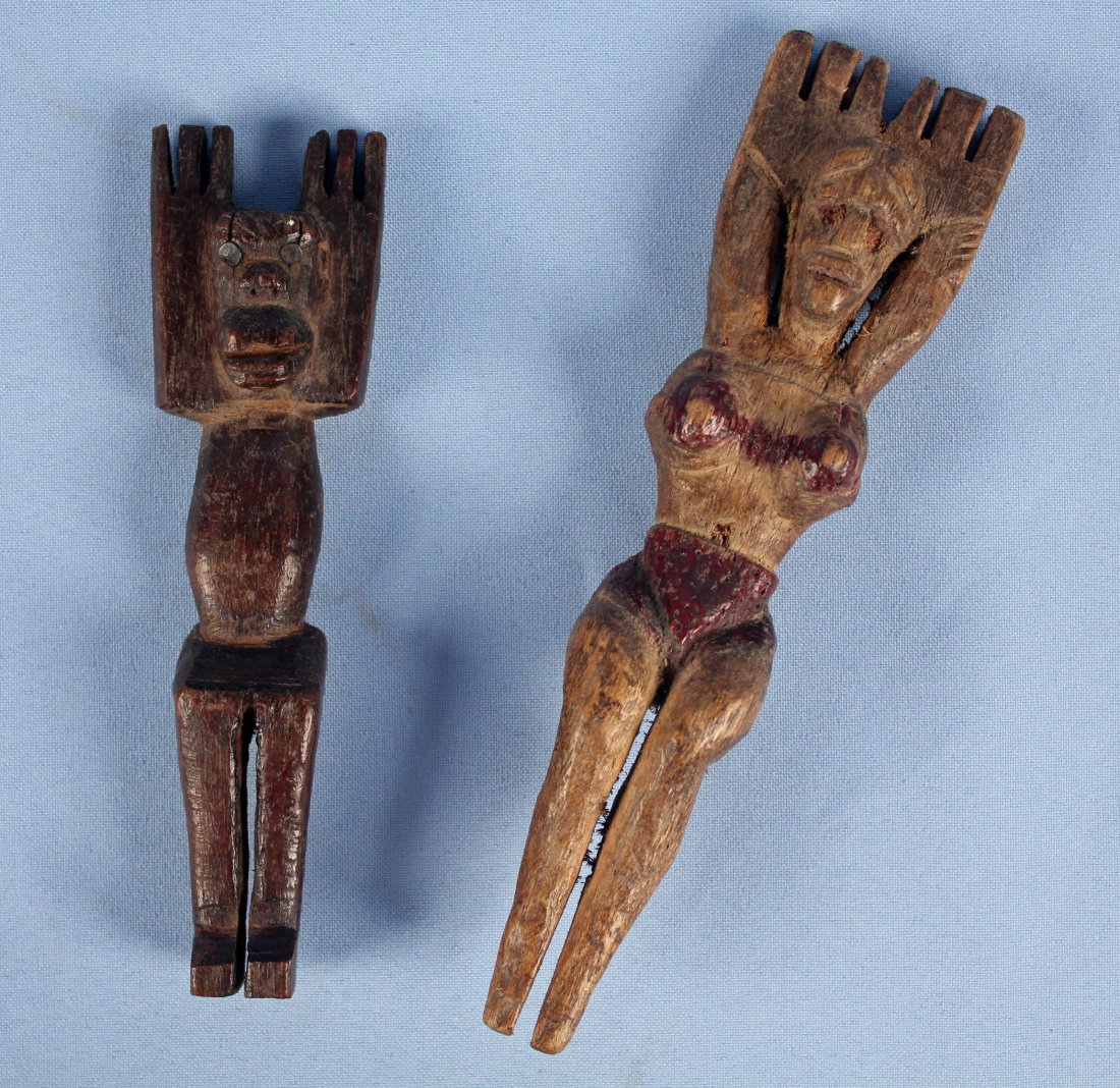 Two 20th C. Hand Carved Guatemalan Slingshots: Two Mid 20th C. Hand Carved Folk Art Guatemalan Slingshots. Lady 7" Long and Monkey 5.75" Long.