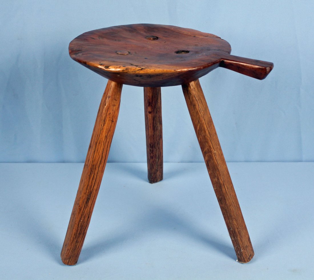 Antique Style Milking or Spinning Stool w/ Handle: Antique Style Three Leg Milking or Spinning Stool with Handle. 17.25" H. X 16.25" approx. dia.