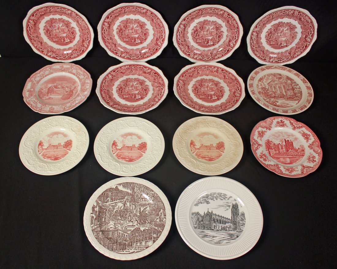 14 Ironstone Plates, Mason's, Wedgewood Etc.: 15 Ironstone Plates, Mason's, Wedgewood Etc. Group includes (6) Mason's red/pink Vista 10.5" dinner plates, (3) Wedgewood 9.25" Stratford Hall, Robert E. Lee commemorative plates, (1) All Saints Chape