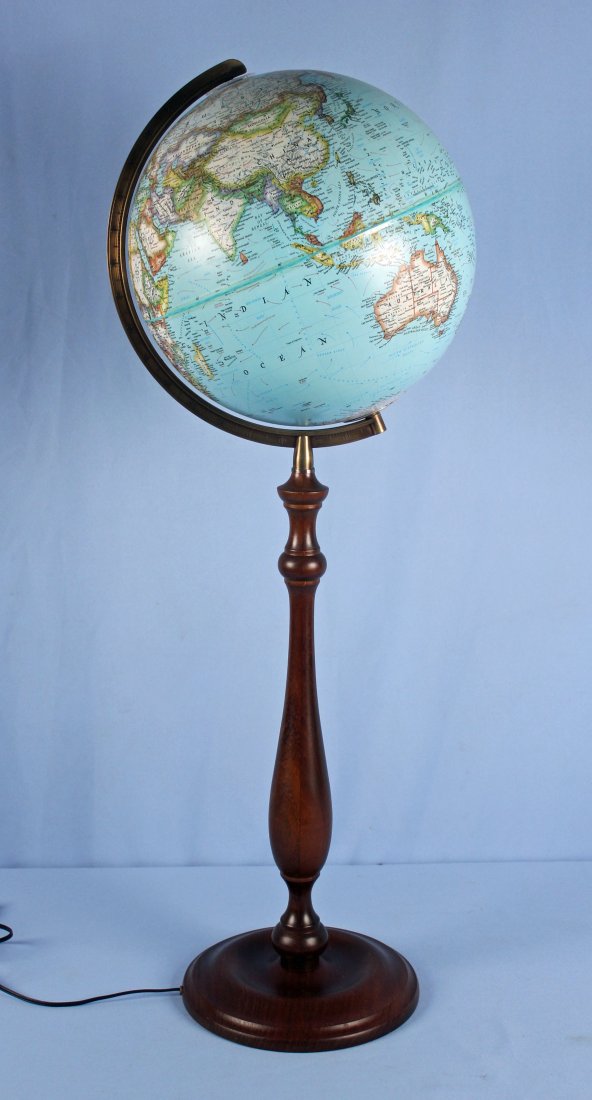 National Geographic Light-Up Globe On Stand: National Geographic Light-Up Globe On Solid Mahogany Stand, made in Germany. 38" H. X Globe 12" Dia.