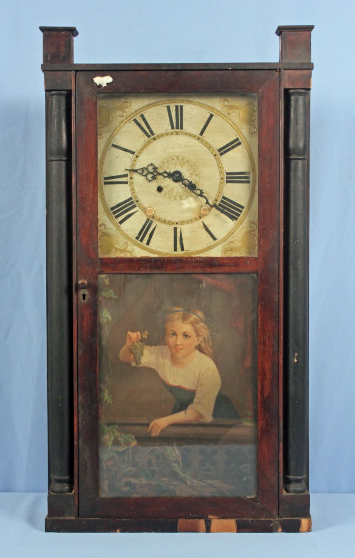 1st Half 19th C. Seth Thomas Shelf Clock: 1st Half 19th C. Seth Thomas Shelf Clock with Plymouth Hollow, Conn.. Clock works have been replaced with newer brass works, hand painted wood face, pendulum and key. 32.75" High X 17.5" Wide X 4.5" D