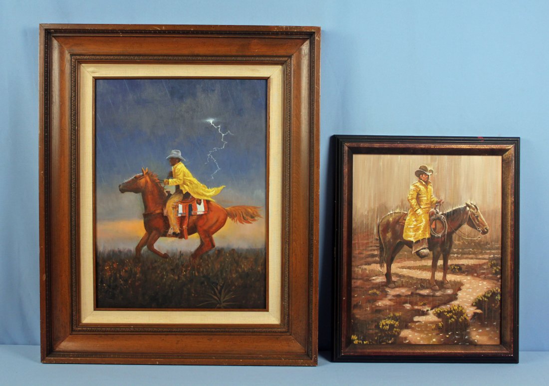 Two Framed Oil On Canvas Paintings of Cowboys: Two Unknown Artist, Late 20th Century Oil On Canvas Paintings of Cowboys. The larger painting of a cowboy on horseback caught in a thunder storm measures 18" X 24" and the frames overall measurement i