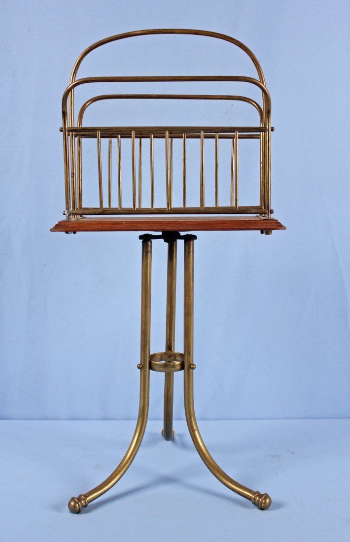 C. 1890 Revolving Brass and Oak Magazine Stand: C. 1890 Revolving Brass and Oak Magazine Stand 30" H. X 14.25 W. X 13.5"
