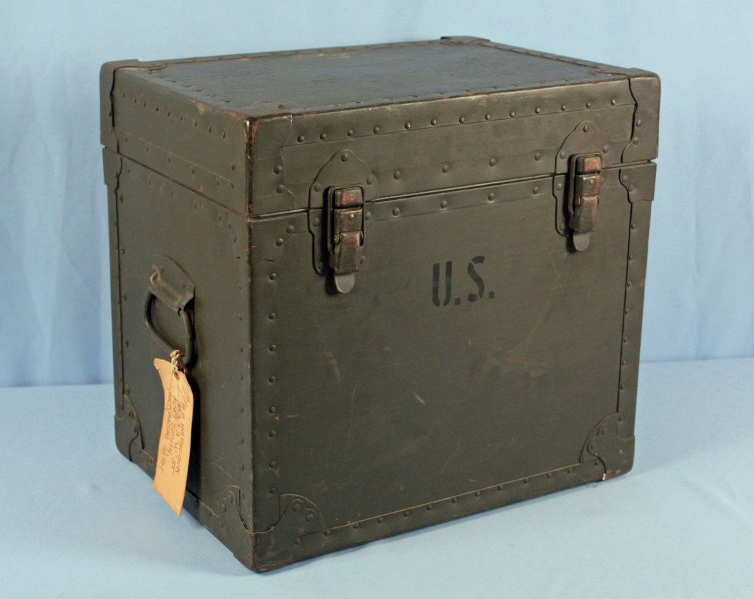 U.S. Army Field Office Typewriter Shipping Locker: U.S. Army Field Office Typewriter Shipping Locker or Chest. 18" High X 14" Wide X 19.5" Long. Chest is marked U.S. and is addressed to the owner in black marker on top.