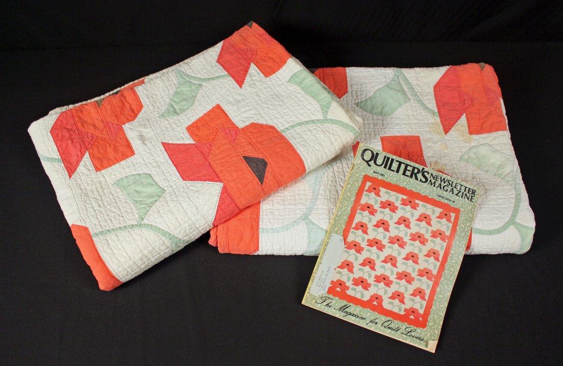 2 Pierced Oriental Poppy Twin Size Quilts C. 1945: 2 Pierced Oriental Poppy Twin Size Quilts C. 1945. 64" X 80". Very nice small stitching. Lot includes 1938 May issue of Quilter's Newsletter Magazine with this quilt design featured on front.